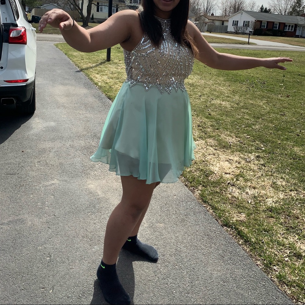 Dave&Johnny Teal/Gold/Silver Short Prom Dress